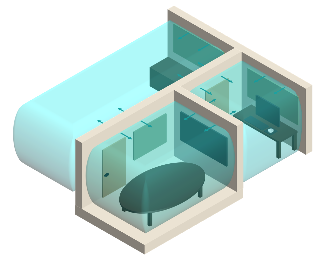 The same three-room model overlaid with teal acoustic paths and arrows