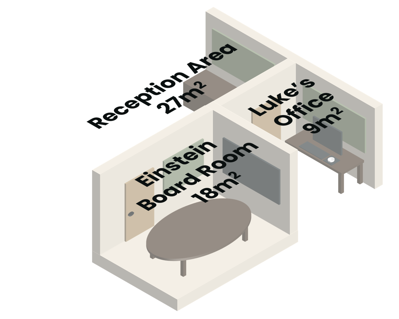 Three named rooms in a 3D model before acoustic visualisation